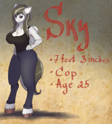 Size: 2795x3086 | Tagged: safe, artist:kittytitikitty, oc, oc only, oc:sky, pegasus, anthro, unguligrade anthro, anthro oc, big breasts, breasts, chest fluff, clothes, commission, female, high res, mare, reference sheet, scar, smiling, solo