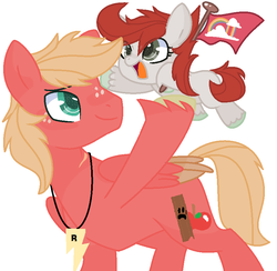 Size: 836x816 | Tagged: safe, artist:justcallmescaizor, oc, oc:applewood jr., oc:dashell, earth pony, pegasus, pony, base used, duo, father and daughter, female, filly, flag, freckles, holding a pony, jewelry, male, necklace, not big macintosh, offspring, offspring's offspring, parent:big macintosh, parent:fluttershy, parent:oc:applewood jr., parent:oc:rainboom dash, parents:fluttermac, parents:oc x oc, scar, simple background, stallion, starry eyes, unshorn fetlocks, white background, wingding eyes