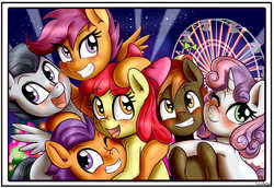 Size: 2237x1542 | Tagged: safe, artist:anibaruthecat, apple bloom, button mash, rumble, scootaloo, sweetie belle, tender taps, earth pony, pegasus, pony, unicorn, comic:triple date, g4, amusement park, blushing, colt, cute, cutie mark crusaders, female, ferris wheel, filly, foal, male, open mouth, ship:rumbloo, ship:sweetiemash, shipping, smiling, spotlight, straight, sweet dreams fuel, tenderbloom, triple date