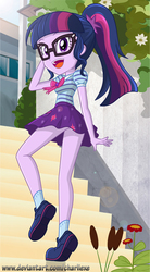 Size: 455x827 | Tagged: safe, artist:charliexe, sci-twi, twilight sparkle, human, equestria girls, equestria girls series, g4, building, clothes, cute, female, geode of telekinesis, glasses, legs, magical geodes, miniskirt, open mouth, ponytail, shoes, skirt, socks, solo, stairs, twiabetes, upskirt