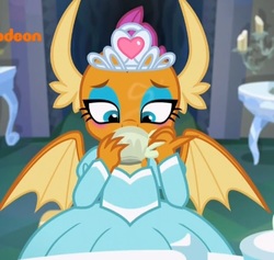 Size: 458x434 | Tagged: safe, screencap, smolder, dragon, g4, what lies beneath, claws, clothes, cropped, cup, dragon wings, dragoness, dress, female, horns, princess smolder, solo, spread wings, teacup, wings