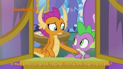 Size: 1920x1080 | Tagged: safe, screencap, smolder, spike, dragon, father knows beast, g4, comforting, dragoness, duo, female, hand on shoulder, male, nickelodeon, solace, subtitles, winged spike, wings