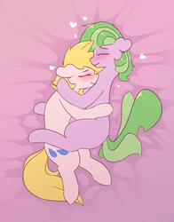 Size: 2355x3000 | Tagged: safe, artist:loneless-art, oc, oc only, oc:ayvielle, oc:lone, earth pony, pony, bed, blushing, cuddling, cute, female, high res, lonielle, male, mare, oc x oc, shipping, stallion, straight