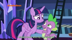 Size: 1920x1080 | Tagged: safe, screencap, spike, twilight sparkle, alicorn, dragon, pony, father knows beast, g4, duo, female, male, mare, subtitles, twilight sparkle (alicorn), winged spike, wings
