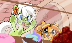 Size: 1147x692 | Tagged: safe, artist:moronsonofboron, oc, oc only, oc:dulce deleche, oc:sunny nebels, earth pony, pony, duo, flower, flower in hair, licking, smiling, tongue out, window, window licking