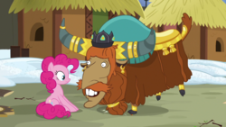 Size: 1280x720 | Tagged: safe, edit, edited screencap, screencap, pinkie pie, prince rutherford, pony, yak, g4, not asking for trouble, 1000 hours in ms paint, cloven hooves, cursed image, meme, nigel thornberry, sitting, smashing, smashing (meme), the wild thornberrys