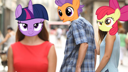 Size: 782x440 | Tagged: safe, apple bloom, tender taps, twilight sparkle, g4, distracted boyfriend meme, implied shipping, meme, twitaps
