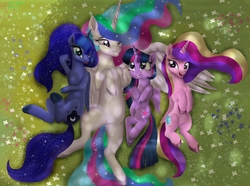 Size: 6301x4698 | Tagged: safe, artist:greenbrothersart, princess cadance, princess celestia, princess luna, twilight sparkle, alicorn, pony, g4, absurd resolution, alicorn tetrarchy, cute, cutedance, cutelestia, dappled sunlight, female, flower, lunabetes, mare, movie accurate, on back, overhead view, sisters-in-law, smiling, true love princesses, twiabetes, twilight sparkle (alicorn)