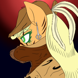 Size: 1024x1024 | Tagged: safe, artist:korencz11, applejack, earth pony, pony, g4, atg 2018, bloodborne, clothes, crossover, ear piercing, earring, feather, female, freckles, hat, jewelry, newbie artist training grounds, piercing, scar, solo