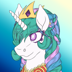 Size: 1024x1024 | Tagged: safe, artist:korencz11, princess celestia, alicorn, pony, g4, atg 2018, braid, clothes, crown, curly hair, female, hair over one eye, jewelry, newbie artist training grounds, regalia, simple background, solo
