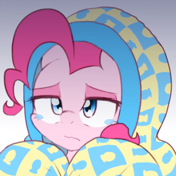 Size: 1796x1794 | Tagged: safe, artist:akainu_pony, pinkie pie, earth pony, pony, g4, yakity-sax, blanket, clothes, cute, depressed, female, sad, sadorable, solo, teary eyes, wavy mouth