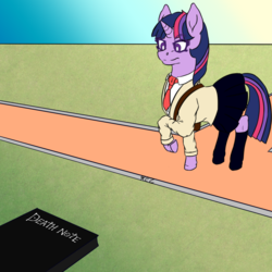 Size: 1024x1024 | Tagged: safe, artist:korencz11, twilight sparkle, pony, unicorn, g4, atg 2018, book, clothes, crossover, death note, female, newbie artist training grounds, simple background, solo, unicorn twilight