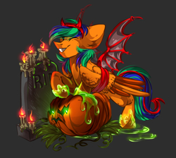 Size: 1418x1271 | Tagged: artist needed, safe, oc, oc:naarkerotics, devil, bound wings, halloween costume, pumpkin, ych result