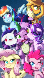 Size: 2286x4000 | Tagged: safe, artist:danmakuman, applejack, fluttershy, pinkie pie, rainbow dash, rarity, spike, starlight glimmer, twilight sparkle, dragon, earth pony, pegasus, pony, unicorn, g4, blushing, cheek kiss, commission, eyes closed, female, floating heart, harem, heart, kiss sandwich, kissing, lucky bastard, male, mane eight, mane seven, mane six, mare, one eye closed, open mouth, polyamory, ship:applespike, ship:flutterspike, ship:pinkiespike, ship:rainbowspike, ship:sparity, ship:sparlight, ship:twispike, shipping, smiling, spike gets all the mares, spikelove, straight, wink