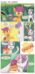 Size: 1173x2470 | Tagged: safe, artist:saturdaymorningproj, scootaloo, sweetie belle, caterpillar, pegasus, pony, unicorn, g4, camera, comic, duo, female, filly, glowing horn, horn, magic, picture, sunglasses, telekinesis