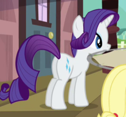 Size: 327x302 | Tagged: safe, screencap, rarity, pony, unicorn, g4, mmmystery on the friendship express, butt, cropped, female, mare, plot, solo focus