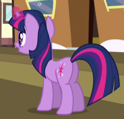Size: 354x339 | Tagged: safe, screencap, twilight sparkle, pony, unicorn, g4, mmmystery on the friendship express, season 2, butt, cropped, female, glowing horn, horn, magic, mare, plot, solo, unicorn twilight
