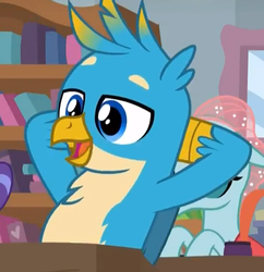 Size: 523x540 | Tagged: safe, screencap, gallus, ocellus, changedling, changeling, griffon, a rockhoof and a hard place, g4, arm behind head, cropped, cute, female, gallabetes, male, smiling