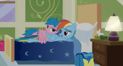 Size: 11000x6000 | Tagged: safe, artist:mundschenk85, firefly, rainbow dash, pegasus, pony, g1, g4, absurd resolution, backpack, bed, female, lamp, lesbian, mare, open mouth, pillow, ship:dashfly, shipping, show accurate, smiling