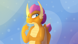 Size: 2560x1440 | Tagged: safe, artist:fuzzypones, smolder, dragon, g4, abstract background, blushing, claws, colored, dragon wings, dragoness, fangs, female, horns, shy, solo, torso, wallpaper, wings