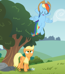 Size: 3800x4300 | Tagged: safe, artist:mundschenk85, applejack, rainbow dash, earth pony, pegasus, pony, g4, cloud, duo, duo female, eyes closed, female, flower, grass, hat, mare, open mouth, show accurate, sky, tree