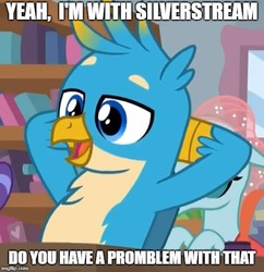 Size: 500x516 | Tagged: safe, edit, gallus, ocellus, silverstream, a rockhoof and a hard place, g4, beak, feather, female, image macro, implied gallstream, implied shipping, male, meme, misspelling, ship:gallstream, shipping, straight