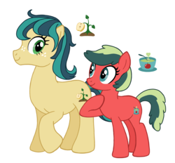 Size: 2803x2604 | Tagged: safe, artist:flipwix, oc, oc only, oc:honeycrisp, oc:jazz apple, earth pony, pony, duo, female, high res, magical lesbian spawn, mare, next generation, offspring, parent:applejack, parent:coloratura, parents:rarajack, simple background, transparent background