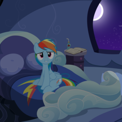 Size: 7500x7500 | Tagged: safe, artist:mundschenk85, rainbow dash, pegasus, pony, g4, absurd resolution, bed, book, bottle, female, looking at you, mare, moon, rainbow dash's bedroom, rainbow dash's house, show accurate, smiling, solo, straw