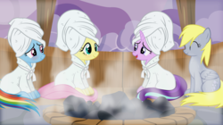 Size: 12000x6700 | Tagged: safe, artist:mundschenk85, derpy hooves, fluttershy, rainbow dash, starlight glimmer, pegasus, pony, unicorn, g4, absurd resolution, bathrobe, blushing, clothes, eyes closed, looking at each other, open mouth, robe, sauna, show accurate, smiling, sweat, towel