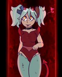 Size: 817x1000 | Tagged: safe, alternate version, artist:lazerblues, oc, oc only, oc:hope, satyr, :3, :p, abstract background, choker, clothes, costume, devil costume, devil horns, female, fluffy, leg fluff, looking up, offspring, parent:lyra heartstrings, pigtails, red background, smiling, solo, tongue out, twintails