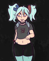 Size: 817x1000 | Tagged: safe, alternate version, artist:lazerblues, oc, oc only, oc:hope, satyr, :3, :p, aura, belly button, bike shorts, black background, bracelet, choker, clothes, collar, eyeshadow, female, gradient background, jewelry, leg fluff, looking up, makeup, midriff, offspring, parent:lyra heartstrings, pentagram, pigtails, shirt, shirt lift, shorts, simple background, smiling, solo, tongue out, twintails