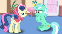Size: 8800x4800 | Tagged: safe, artist:mundschenk85, bon bon, lyra heartstrings, sweetie drops, earth pony, pony, unicorn, g4, absurd resolution, bon bon is not amused, clothes, female, flower, mare, plant, refrigerator, show accurate, table, unamused, vest