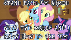 Size: 1166x655 | Tagged: safe, screencap, applejack, fluttershy, rainbow dash, rarity, twilight sparkle, alicorn, earth pony, pegasus, pony, unicorn, g4, yakity-sax, cowboy hat, dialogue, female, hat, image macro, mare, meme, text, torch, twilight sparkle (alicorn)