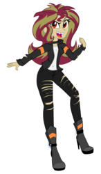 Size: 870x1490 | Tagged: dead source, safe, artist:wubcakeva, sunset shimmer, vampire, equestria girls, g4, boots, choker, clothes, fangs, female, high heel boots, open mouth, pants, red eyes, simple background, solo, torn clothes, transparent background