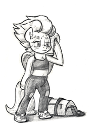 Size: 781x1108 | Tagged: safe, artist:shoeunit, fleetfoot, pegasus, pony, semi-anthro, g4, clothes, female, mare, pants, pencil drawing, solo, sweat, towel, traditional art