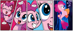 Size: 1320x560 | Tagged: safe, artist:pencils, edit, editor:wanderingpony, idw, official comic, pinkie pie, bubble fish, earth pony, fish, pony, seapony (g4), g4, my little pony: the movie, spoiler:comic, spoiler:comic69, bubble, comic, cute, diapinkes, dorsal fin, ed edd n eddy, female, fin, fish tail, flowing mane, flowing tail, grin, mare, ocean, open mouth, open smile, scales, seaponified, seapony pinkie pie, seaquestria, seaweed, smiling, solo, species swap, swimming, tail, text edit, that pony sure does love being a seapony, underwater, water, wish
