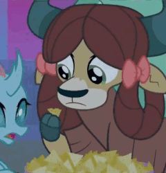 Size: 379x394 | Tagged: safe, screencap, ocellus, yona, yak, g4, school raze, animated, chips, cloven hooves, cute, eating, female, food, hoof hold, nachos, solo focus, yonadorable
