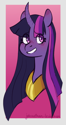 Size: 719x1353 | Tagged: safe, artist:johnathan-leviathan, twilight sparkle, pony, g4, abstract background, alternate hairstyle, blushing, bust, curved horn, female, heart eyes, horn, mare, peytral, smiling, solo, wingding eyes