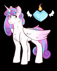 Size: 1600x2000 | Tagged: safe, artist:canisrettmajoris, princess flurry heart, alicorn, pony, g4, black background, commission, cutie mark background, female, mare, older, older flurry heart, simple background, smiling, solo