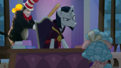 Size: 1024x576 | Tagged: safe, edit, edited screencap, screencap, chancellor neighsay, cozy glow, pegasus, pony, unicorn, g4, school raze, female, filly, logo, male, mike myers, nick jr., shitposting, stallion, the cat in the hat, the cat in the hat (film), the cat in the hat with a bat, x kills neighsay
