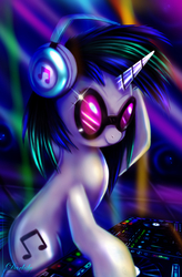 Size: 3150x4800 | Tagged: safe, artist:darksly, dj pon-3, vinyl scratch, pony, unicorn, g4, female, headphones, lights, mare, rave, solo, sunglasses, turntable