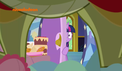 Size: 1545x903 | Tagged: safe, screencap, sludge (g4), twilight sparkle, alicorn, dragon, pony, father knows beast, g4, cake, food, framed by legs, out of context, twilight sparkle (alicorn), you know for kids