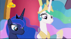 Size: 720x394 | Tagged: safe, screencap, princess celestia, princess luna, alicorn, pony, g4, school raze, animated, duo, ethereal mane, female, gif, hoof shoes, logo, looking at each other, looking down, mare, nick jr., nickelodeon, royal sisters, sisters, starry mane, talking