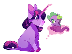 Size: 4000x3000 | Tagged: safe, artist:uunicornicc, spike, twilight sparkle, dragon, pony, unicorn, g4, baby, baby dragon, baby spike, coat markings, cute, duo, female, filly, filly twilight sparkle, floating, glowing horn, horn, leonine tail, looking at each other, magic, male, simple background, smiling, spikabetes, telekinesis, twiabetes, unicorn twilight, white background, younger