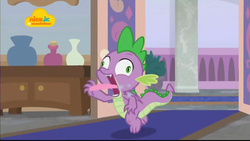 Size: 1024x576 | Tagged: safe, screencap, spike, dragon, g4, school raze, choking, logo, male, nick jr., nickelodeon, open mouth, running, smoke, solo, tongue out, winged spike, wings