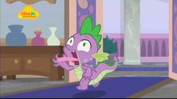 Size: 1024x576 | Tagged: safe, screencap, spike, dragon, g4, school raze, choking, logo, male, nick jr., nickelodeon, open mouth, running, smoke, solo, tongue out, winged spike, wings