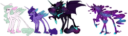 Size: 7000x2000 | Tagged: safe, artist:uunicornicc, nightmare moon, princess celestia, princess luna, tantabus, alicorn, pony, g4, alternate design, alternate universe, bat wings, big ears, black sclera, chest fluff, closed mouth, cloven hooves, coat markings, colored hooves, colored wings, colored wingtips, curved horn, dappled, ear freckles, ear tufts, ethereal hair, ethereal mane, ethereal tail, evil smile, fangs, female, floppy ears, folded wings, freckles, frown, gradient horn, grin, group, horn, leg fluff, leonine tail, long fetlocks, looking back, mare, pink eyes, quartet, raised hoof, siblings, simple background, sisters, smiling, socks (coat markings), sparkly mane, sparkly tail, spread wings, standing, starry mane, starry tail, story in the source, tail, unshorn fetlocks, white background, wings