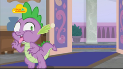 Size: 1024x576 | Tagged: safe, screencap, spike, dragon, g4, school raze, bug eyes, choking, derp, derp face, logo, male, nick jr., nickelodeon, open mouth, puffy cheeks, running, solo, tongue out, winged spike, wings