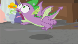 Size: 1024x576 | Tagged: safe, screencap, spike, dragon, g4, school raze, choking, faic, fire breath, great moments in animation, logo, male, nick jr., nickelodeon, open mouth, smoke, solo, tongue out, winged spike, wings