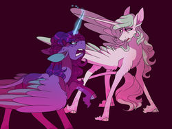 Size: 4000x3000 | Tagged: safe, artist:uunicornicc, princess celestia, princess luna, alicorn, pony, g4, alternate design, alternate universe, argument, cloven hooves, coat markings, dappled, duo, female, floppy ears, glowing horn, horn, leonine tail, mare, open mouth, purple background, simple background, sisters, story included, unshorn fetlocks